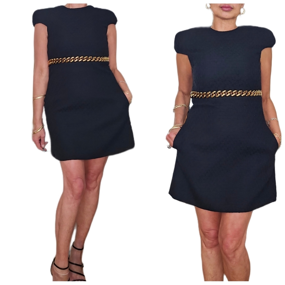 Versace Black Tweed Gold Chain Capped Sleeve Dress With Pockets - Picture 5 of 11